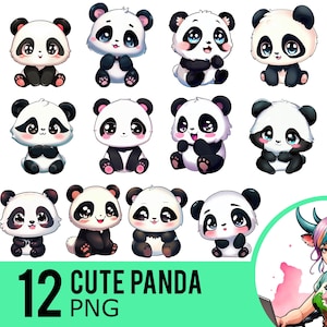 Cute Panda Clipart PNG, Kawaii Pandas Clip Art, Anime Panda PNG, Instant Download, Commercial Use, 12 Transparent PNG Images, UD444