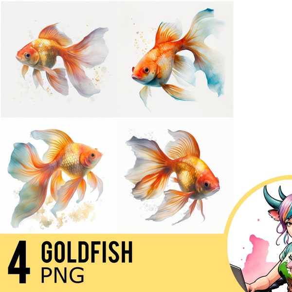 Goldfish Watercolor PNG clipart, Gold Fish Portrait PNG Watercolour, Instant Download, Commercial Use, Four Separate PNG Images, UD220