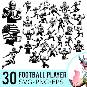 Joueur de football SVG PNG Eps Clipart, Silhouette de football américain, modèle de saison de matchs des États-Unis, fichiers coupés, téléchargement immédiat, 30 modèles de lot