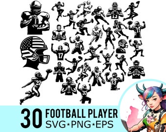 Football Player SVG PNG Eps Clipart, America Football Silhouette, US Game Season Template, Cut Files, Instant Download, 30 Bundle Templates