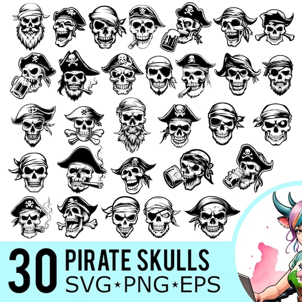 Pirate Skull SVG PNG EPS Clipart, Pirates Silhouette, Drinking Smoking Template, Vector Cut Files, Instant Download, 30 Bundle Templates