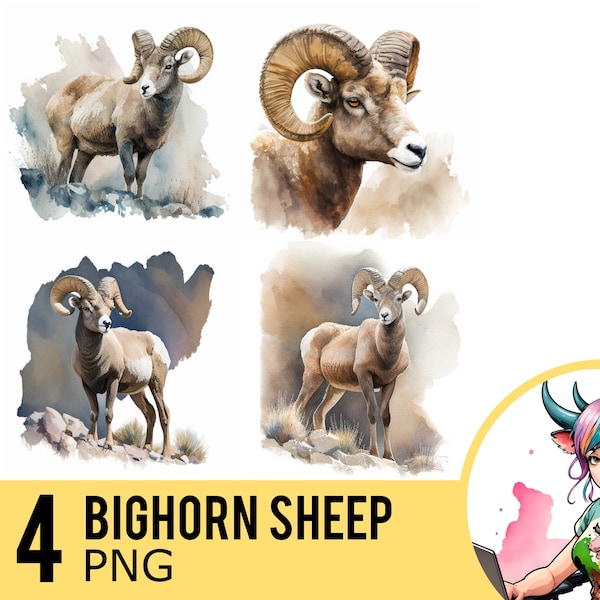 Bighorn Sheep aquarelle PNG clipart, mouton Portrait PNG aquarelle, téléchargement immédiat, usage Commercial, quatre Images PNG distinctes, UD107