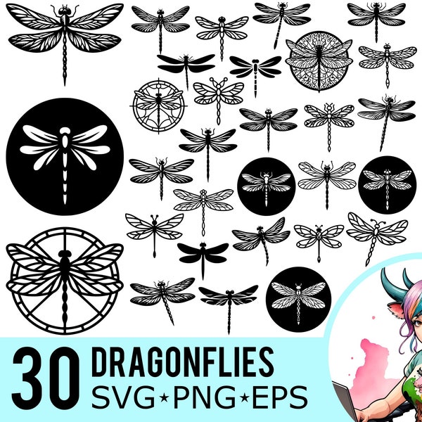 Dragonfly SVG PNG EPS Clipart, Dragonflies Silhouette, Insect Wings Template, Vector Cut Files, Instant Download, 30 Bundle Templates, 706