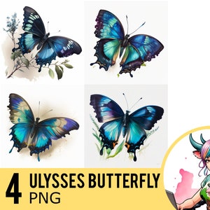 Ulysses Butterfly Watercolor Clipart: 4 PNG Images (Digital Download)