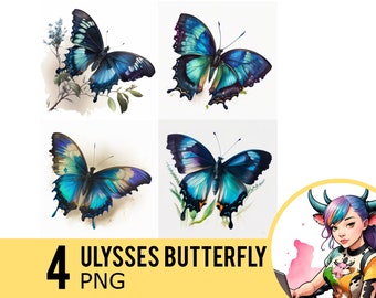Ulysses Butterfly Watercolor Clipart: 4 PNG Images (Digital Download)