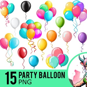 Fiesta globos Clipart PNG, globo de cumpleaños Clip Art, globos coloridos, descarga instantánea, uso comercial, 15 imágenes PNG transparentes, UD446