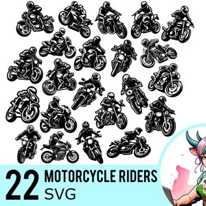 Clipart SVG di motociclista, silhouette di motocicletta, modello di motociclista, file vettoriali tagliati, download immediato, pacchetto di 22 SVG