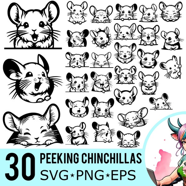 Peeking Chinchilla SVG PNG EPS Clipart, Chinchillas Face Silhouette, Cute Template, Vector Cut Files, Instant Download, 30 Bundle Templates