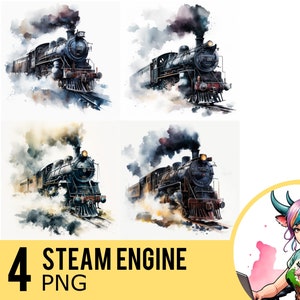Tren de vapor acuarela PNG clipart, motor negro retrato PNG acuarela, descarga instantánea, uso comercial, cuatro imágenes PNG separadas, 296