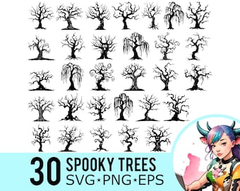 May include: A set of 30 spooky tree illustrations in black and white. The trees are in various styles, including bare branches, weeping willows, and gnarled trunks. The text "30 SPOOKY TREES SVG+PNG+EPS" is at the bottom of the image.