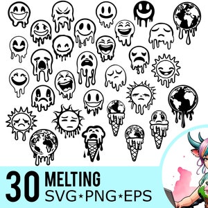 Melting SVG PNG EPS Clipart, Dripping Face, Earth Global Warming, Ice Cream Drip, Hot Cut Files, Instant Download, 30 Bundle Templates, 567