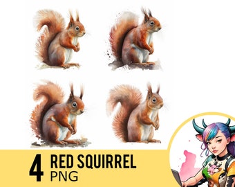 Red Squirrel Watercolor Clipart: 4 PNG Images (Commercial Use)