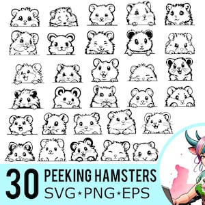 May include: A set of 30 black and white vector illustrations of hamsters peeking over the top of a surface. The hamsters are drawn in a cartoon style and have different expressions. The text "30 Peeking Hamsters SVG*PNG*EPS" is at the bottom of the image.