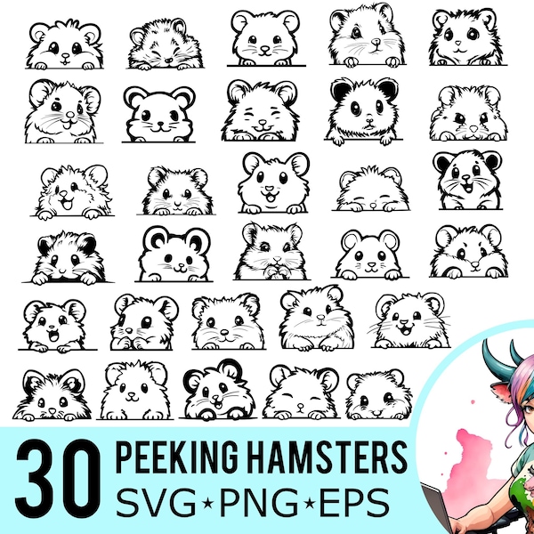 Peeking Hamster SVG PNG EPS Clipart, Silhouette de hamsters, modèle mignon de hamster syrien, couper des fichiers, téléchargement immédiat, 30 modèles de lot