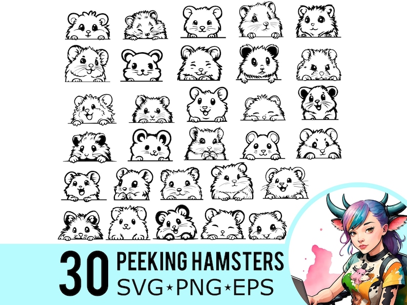 May include: A set of 30 black and white vector illustrations of hamsters peeking over the top of a surface. The hamsters are drawn in a cartoon style and have different expressions. The text "30 Peeking Hamsters SVG*PNG*EPS" is at the bottom of the image.