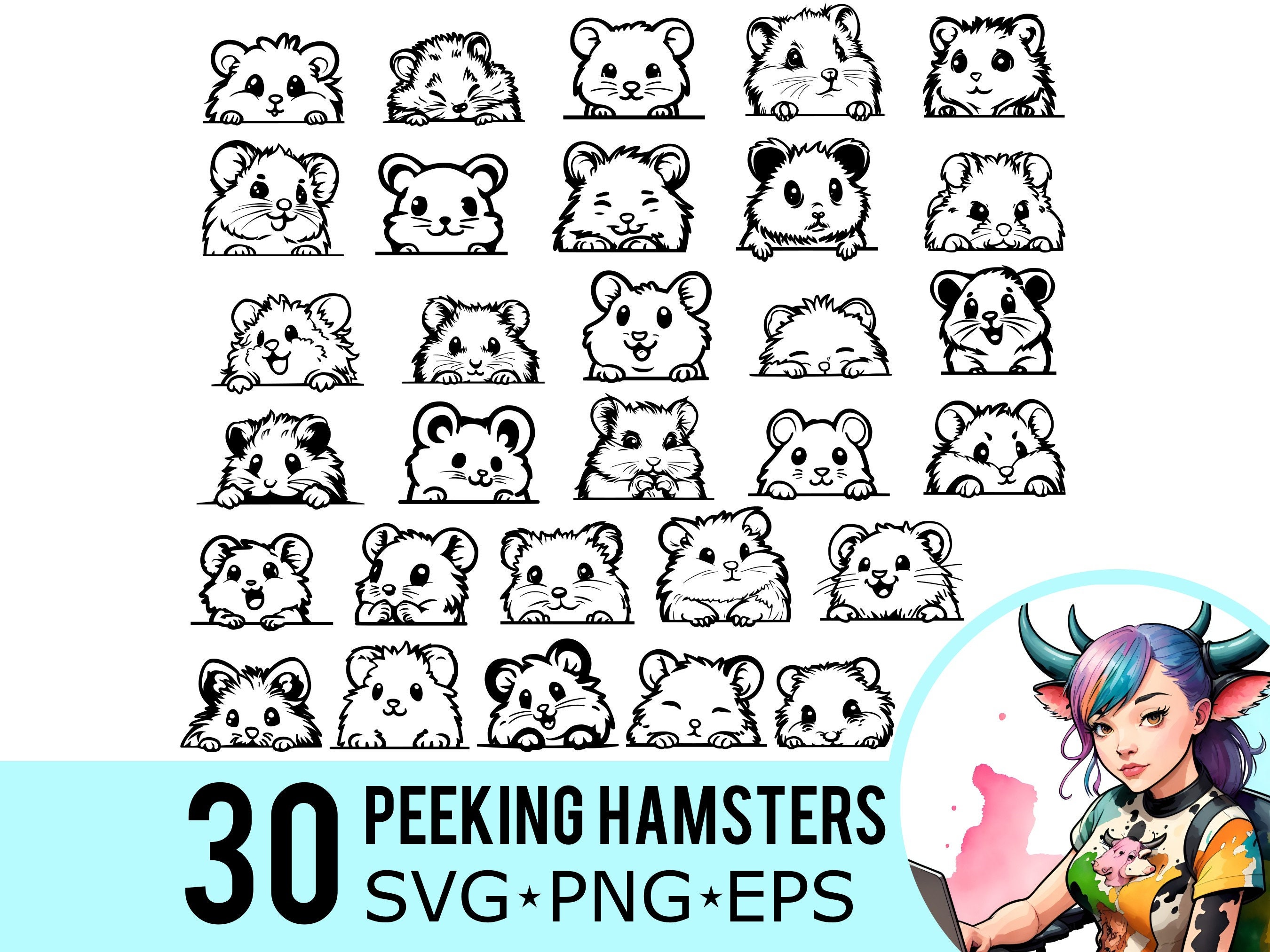 Peeking Hamster SVG PNG EPS Clipart, Hamsters Silhouette, Cute Syrian Hamster Template, Cut Files, Instant Download, 30 Bundle Templates