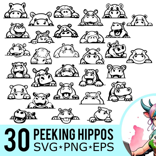 Peeking Hippo SVG PNG EPS Clipart, Hippos Face Silhouette, Hippopotamus Template, Vector Cut Files, Instant Download, 30 Bundle Templates