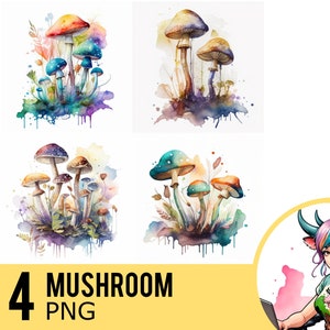 Mushroom Watercolor PNG clipart, Magic Mushroom Watercolour, Instant Download, Commercial Use, Four Separate PNG Image, UD264