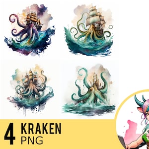 Kraken Watercolor PNG clipart, Kraken Portrait Watercolour PNG, Instant Download, Commercial Use, Four Separate PNG Images, UD265