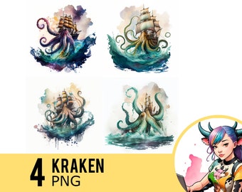 Kraken Watercolor PNG clipart, Kraken Portrait Watercolour PNG, Instant Download, Commercial Use, Four Separate PNG Images, UD265