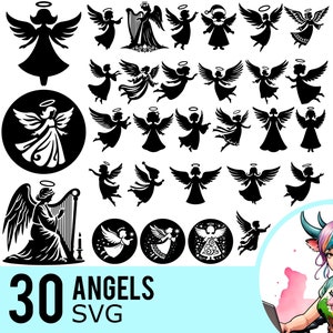 Angels SVG clipart, Christmas Angel Silhouette, Winter Decoration Template, Vector Cut Files, Instant Download, 30 SVG Bundle Templates, 647