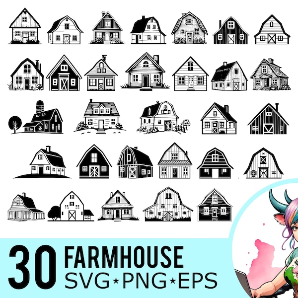 Farmhouse SVG PNG EPS Clipart, Farm House Barn Silhouette, Country Farm Life Template, Cut Files, Instant Download, 30 Bundle Templates, 551