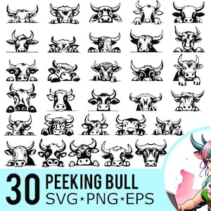 Peeking Bull Silhouette: Farm Animal SVG Clipart Bundle (Digital Download)
