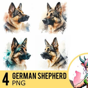 German Shepherd Watercolor Portrait: 4 PNG Clipart Images (Digital Download)