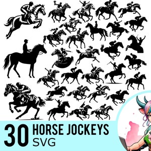 Pferd Jockey SVG Clipart, Pferderennen Reiten Silhouette Vorlage, Steeplechase Pferde Schnittdateien, sofortiger Download, 30 Bundle-Vorlagen, 682