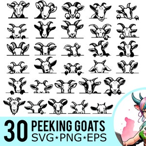 Peeking chèvre SVG PNG EPS Clipart, silhouette de tête et de cornes de chèvre, Svg animaux de la ferme, fichiers de coupe vectorielle, téléchargement immédiat, 30 modèles de lot