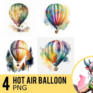 Watercolor Hot Air Balloon Clipart: 4 PNG Images, Commercial Use (Digital Download)