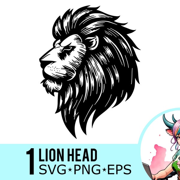 Tête de lion SVG PNG EPS Clipart, visage de Lion Svg, Lion Portrait Svg, Lion Silhouette Svg, fichier de coupe vectorielle, téléchargement immédiat, 1 modèle, 472
