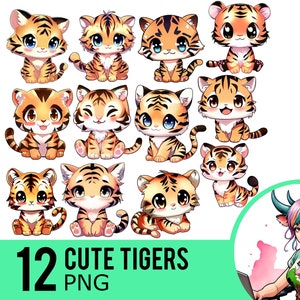 Cute Tiger Clipart PNG, Kawaii Baby Tigers Cub Clip Art, Anime Tiger PNG, descarga instantánea, uso comercial, 12 imágenes PNG transparentes, UD463