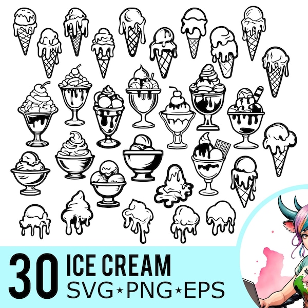 Ice Cream SVG PNG EPS Clipart, Melting Ice Cream Sundae Cones Template, Summer Vector Cone Cut Files, Instant Download, 30 Bundle Templates