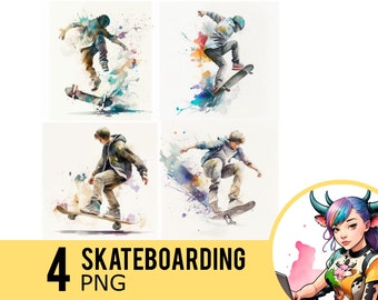 Watercolor Skateboarding Clipart: 4 PNG Images (Commercial Use)