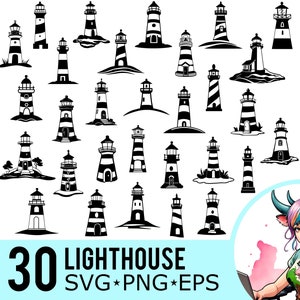 Faro SVG PNG EPS Clipart, Silhouette dell'oceano, Modello di faro, File di taglio vettoriali nautici, Download immediato, 30 modelli in bundle