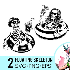 Op de afbeelding: Twee zwart-wit illustraties van skeletten die in binnenbanden drijven. Eén skelet draagt ​​een hoed en een zonnebril en houdt een glas ijsthee vast. Het andere skelet draagt ​​een zonnebril en houdt een cocktail vast. De tekst "FLOATING SKELETON SVG*PNG*EPS" staat onderaan de afbeelding.