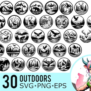 Buitenshuis SVG PNG EPS-clipart, bergbos Lake River Bear Stag Eagle Deer avontuur, gesneden bestanden, Instant Download, 30 bundelsjablonen