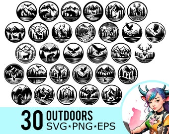 Outdoors SVG PNG EPS Clipart, Mountain Forest Lake River Bear Stag Eagle Deer Adventure, Cut Files, Instant Download, 30 Bundle Templates