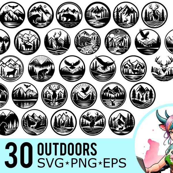 Outdoors SVG PNG EPS Clipart, Mountain Forest Lake River Bear Stag Eagle Deer Adventure, Cut Files, Instant Download, 30 Bundle Templates
