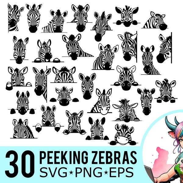 Peeking Zebra SVG PNG EPS Clipart, Zebra Face Template, Safari Zoo Animal Vector Zebras Head Cut File, Digital Download, 30 Bundle Templates