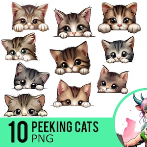 Peeking Cat Clipart, Peeking Kitten Clip Art, Peeking Cats T-Shirt Decal, Instant Download, Commercial Use, 10 Transparent PNG Images, UD499