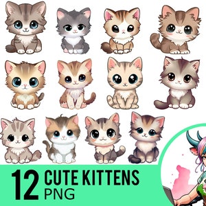 Cute Kitten Clipart PNG, Kawaii Cat Clip Art, Anime Cats Portrait Png, Instant Download, Commercial Use, 12 Transparent PNG Images, UD441