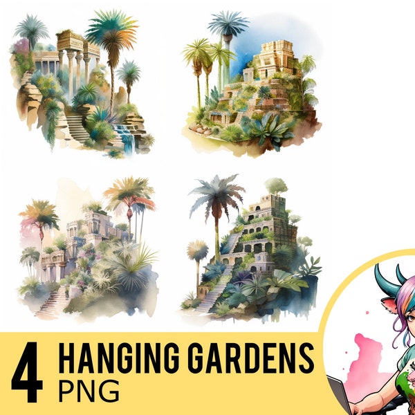 Hanging Gardens Babylon Watercolor PNG clipart, Portrait PNG Watercolour, Instant Download, Commercial Use, Four Separate PNG Image, UD215
