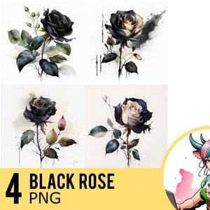 Black Rose Watercolor PNG clipart, Black Rose Flower Watercolour, Instant Download, Commercial Use, Four Separate PNG Image, UD198