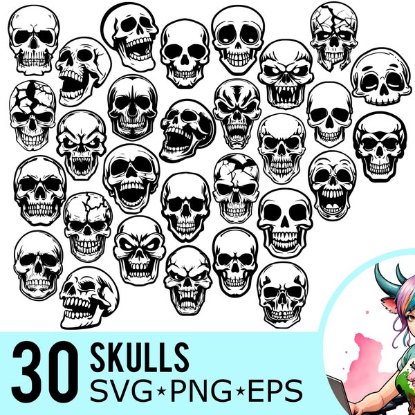 Skull SVG PNG EPS Clipart, Human Skull Silhouette, Scary Halloween Template, Skeleton Cut Files, Instant Download, 30 Bundle Templates, 570