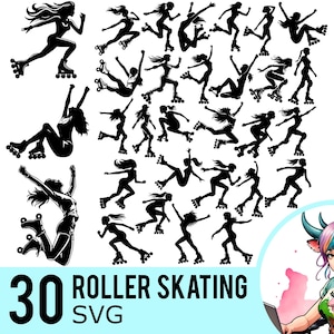 Peut inclure: Un ensemble de 30 fichiers SVG en silhouette noire et blanche de personnes faisant du roller. Les images sont dans différentes poses et styles. Le texte "30 ROLLER SKATING SVG" est en bas de l'image.