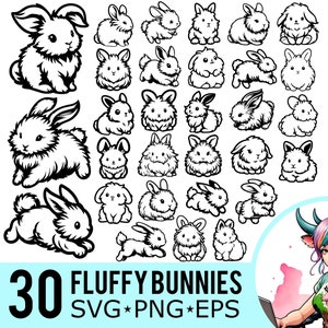 Fluffy Bunny SVG PNG EPS Clipart, Siluetta carina del coniglio di Pasqua, Modello viso coniglietti bambino, File di taglio, Download istantaneo, 30 modelli di bundle
