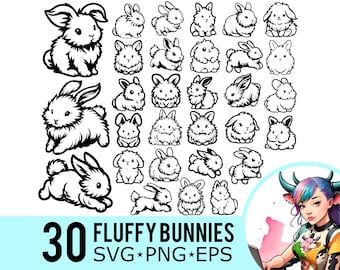 Fluffy Bunny SVG PNG EPS Clipart, Cute Easter Rabbit Silhouette, Baby Bunnies Face Template, Cut File, Instant Download, 30 Bundle Templates