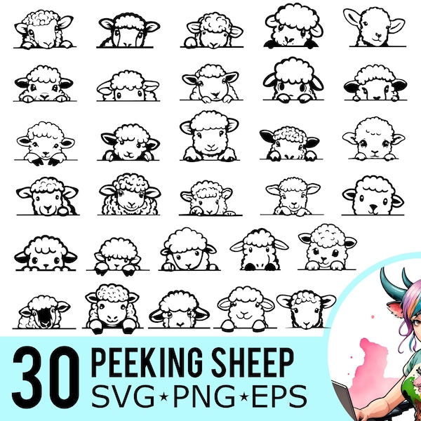 Peeking Sheep SVG PNG EPS Clipart, Silhouette visage d'agneau, modèle animaux de la ferme, animaux coupe fichiers, téléchargement immédiat, 30 modèles de lot, 555